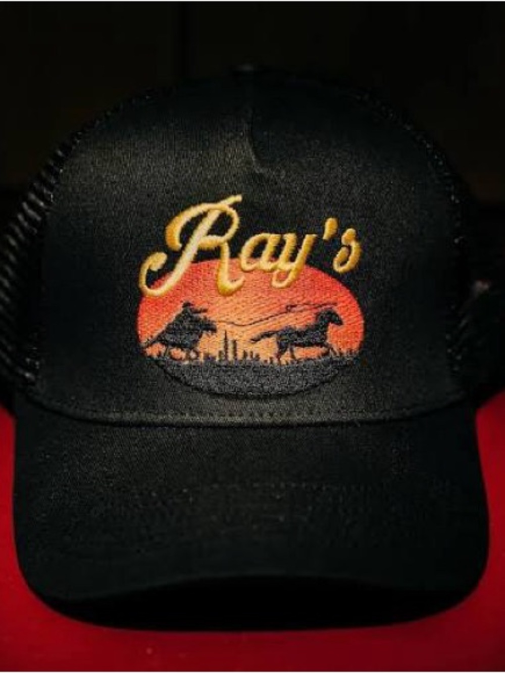 Ray's Black Trucker Hat with Sunset Dog Embroidery